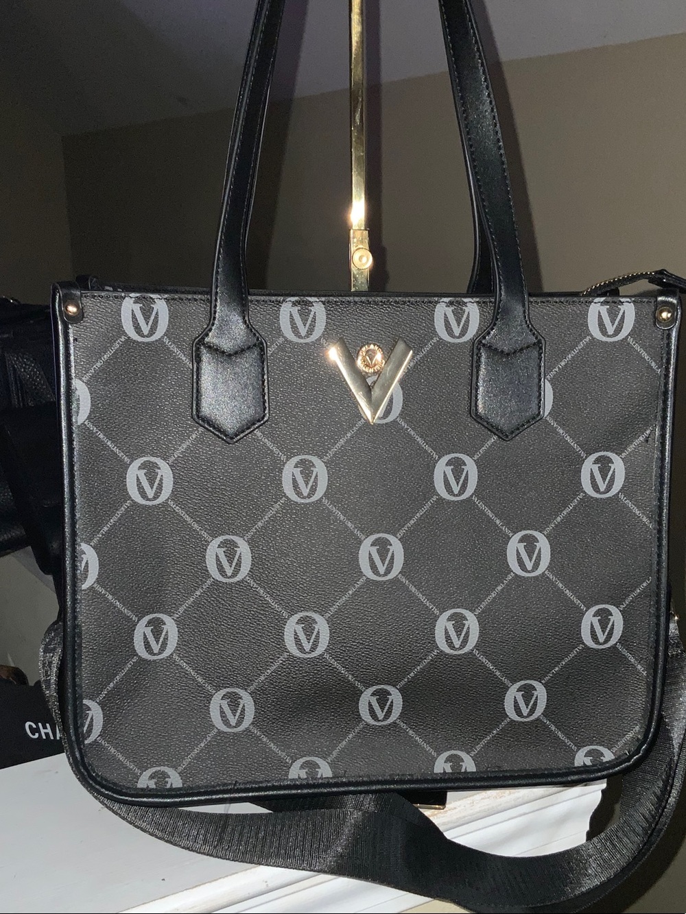 Valentino Orlandi Black Patterned Shoulder Bag with Gold V